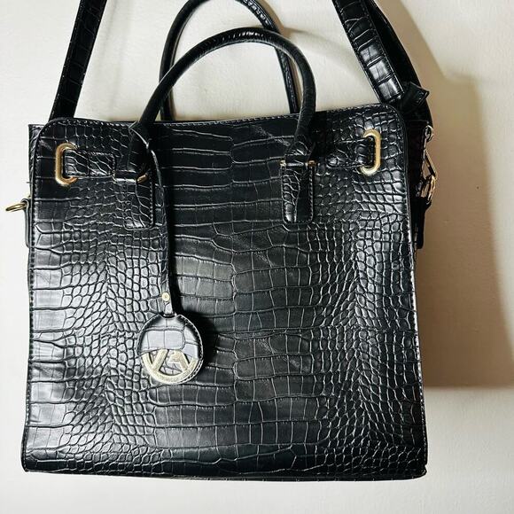 Unbranded Black Crocodile Patterned Genuine Leather Shoulder Straps Tote Bag - Picture 3 of 11
